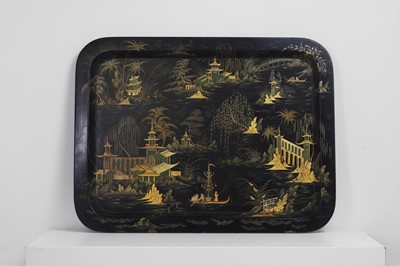 Lot 368 - A Victorian parcel-gilt and black-lacquered papier mâché tray by Jennens & Bettridge