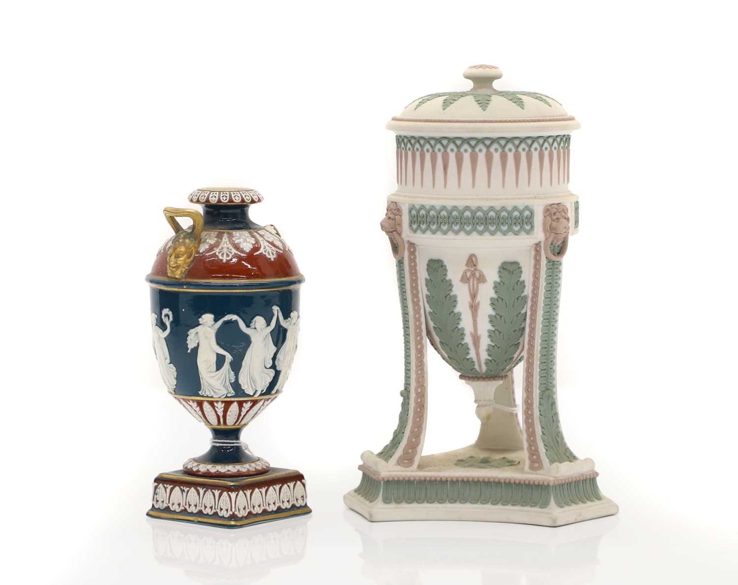 Lot 76 - A Wedgwood tri colour light green tripod vase and cover