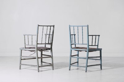 Lot 364 - A pair of Regency, painted wooden, faux bamboo elbow chairs
