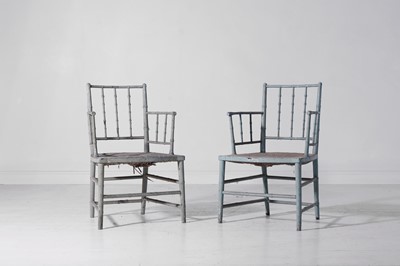 Lot 364 - A pair of Regency, painted wooden, faux bamboo elbow chairs