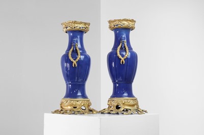 Lot 311 - A pair of ormolu-mounted blue-glazed porcelain vases