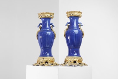 Lot A pair of ormolu-mounted blue-glazed porcelain vases