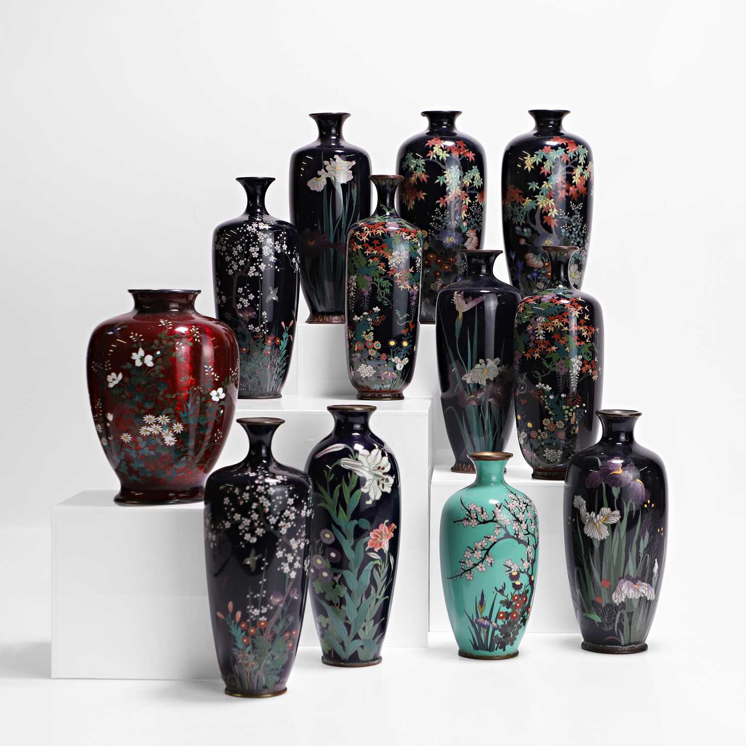 Lot 84 - A collection of twelve Japanese small cloisonné vases