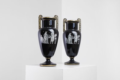 Lot 346 - A pair of black-glazed pottery neoclassical urn vases