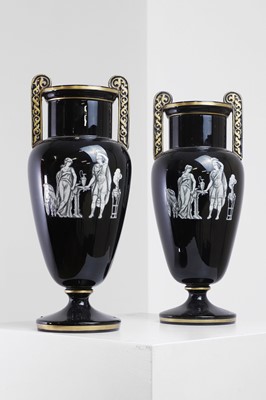 Lot 346 - A pair of black-glazed pottery neoclassical urn vases