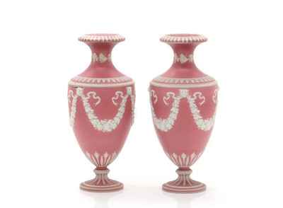 Lot 61 - A pair of pink jasperware vases