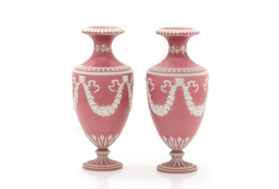 Lot 61 - A pair of pink jasperware vases