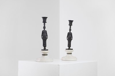 Lot 345 - A pair of neoclassical bronze and marble candlesticks