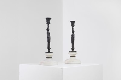 Lot 345 - A pair of neoclassical bronze and marble candlesticks