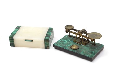 Lot 130 - A gilt metal and malachite mounted pen rest