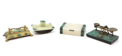 Lot 130 - A gilt metal and malachite mounted pen rest