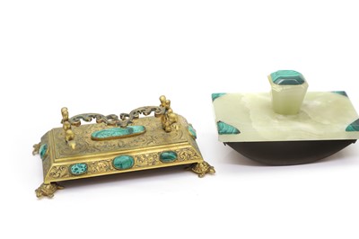 Lot 130 - A gilt metal and malachite mounted pen rest