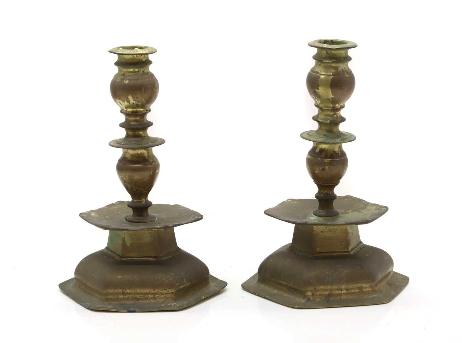 Lot 133 - A pair of hexagonal bronze candlesticks