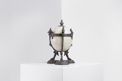 Lot 371 - A metal-mounted ostrich-egg box and cover