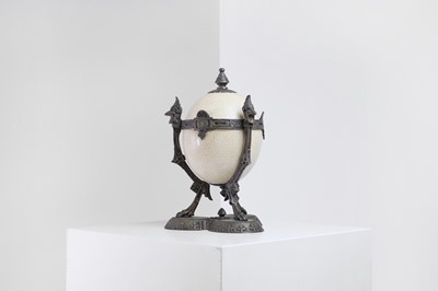 Lot 371 - A metal-mounted ostrich-egg box and cover