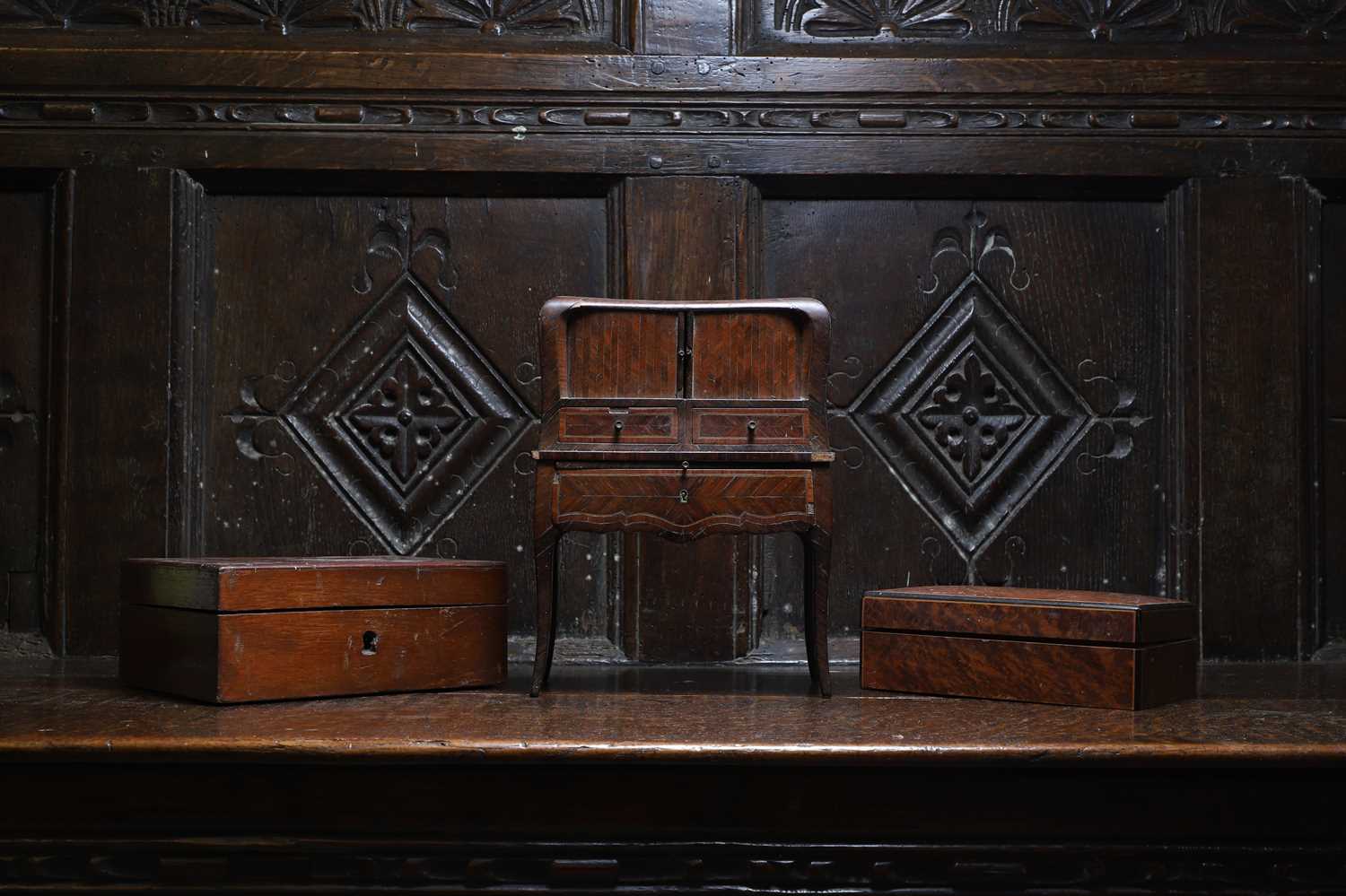 Lot 111 - A miniature apprentice piece tambour front cabinet on stand