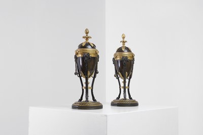 Lot 414 - A pair of gilt and patinated bronze cassolettes