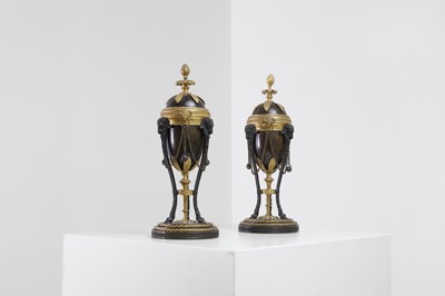 Lot 414 - A pair of gilt and patinated bronze cassolettes