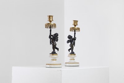 Lot 310 - A pair of Louis XVI-style ormolu, patinated bronze and marble candlesticks