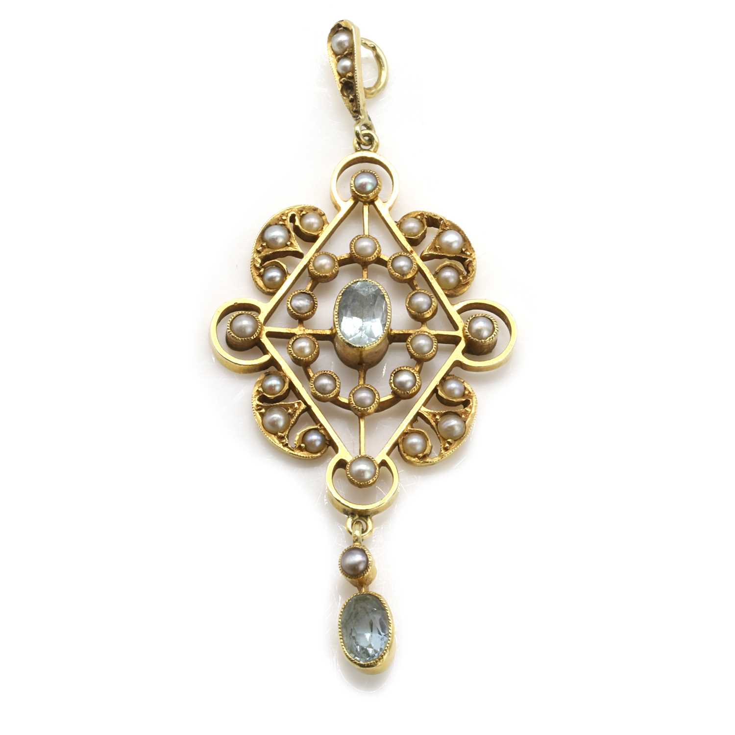 Lot 24 - An Edwardian aquamarine and split pearl drop pendant