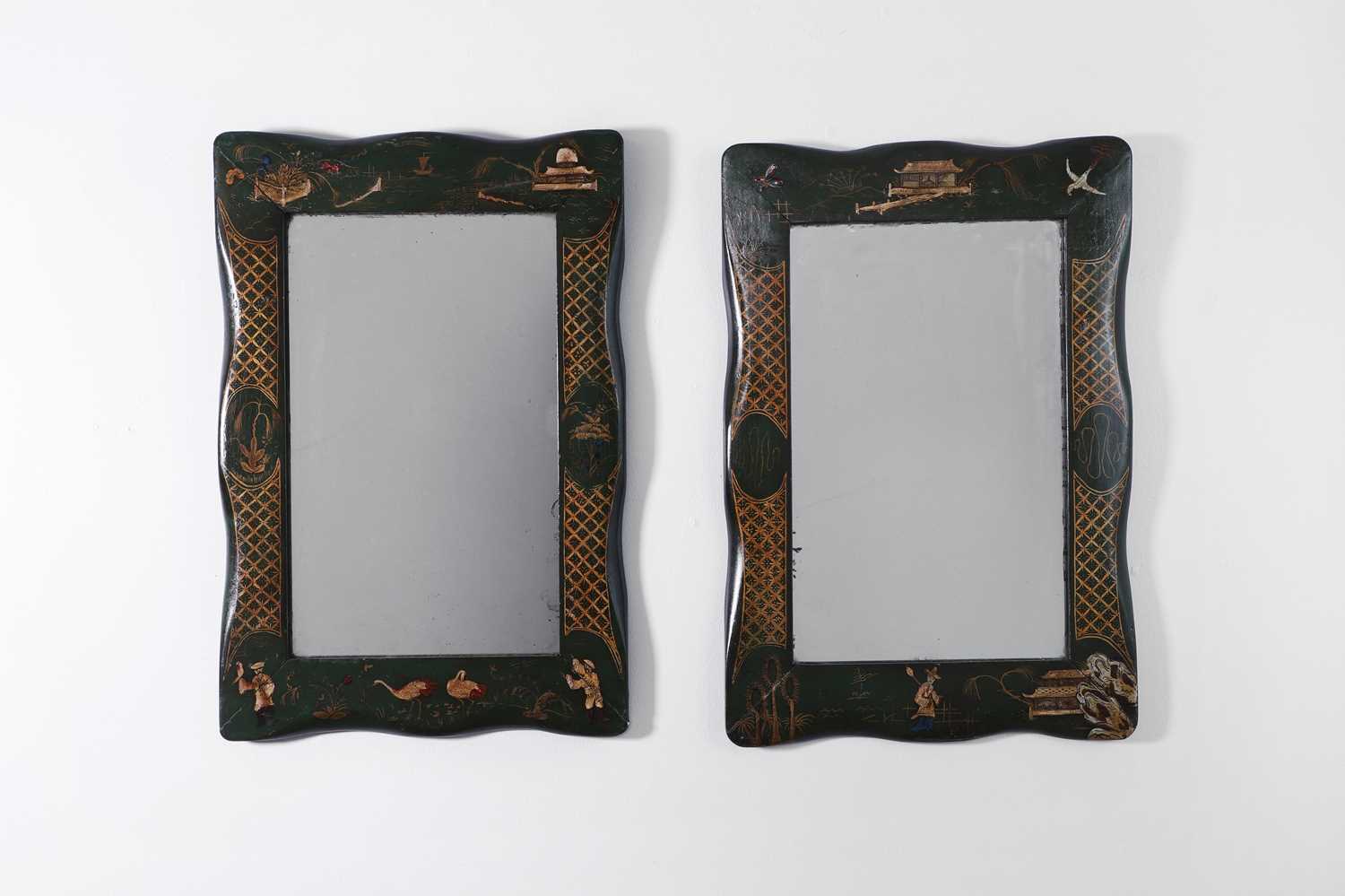 Lot 358 - A pair of chinoiserie green japanned wall mirrors