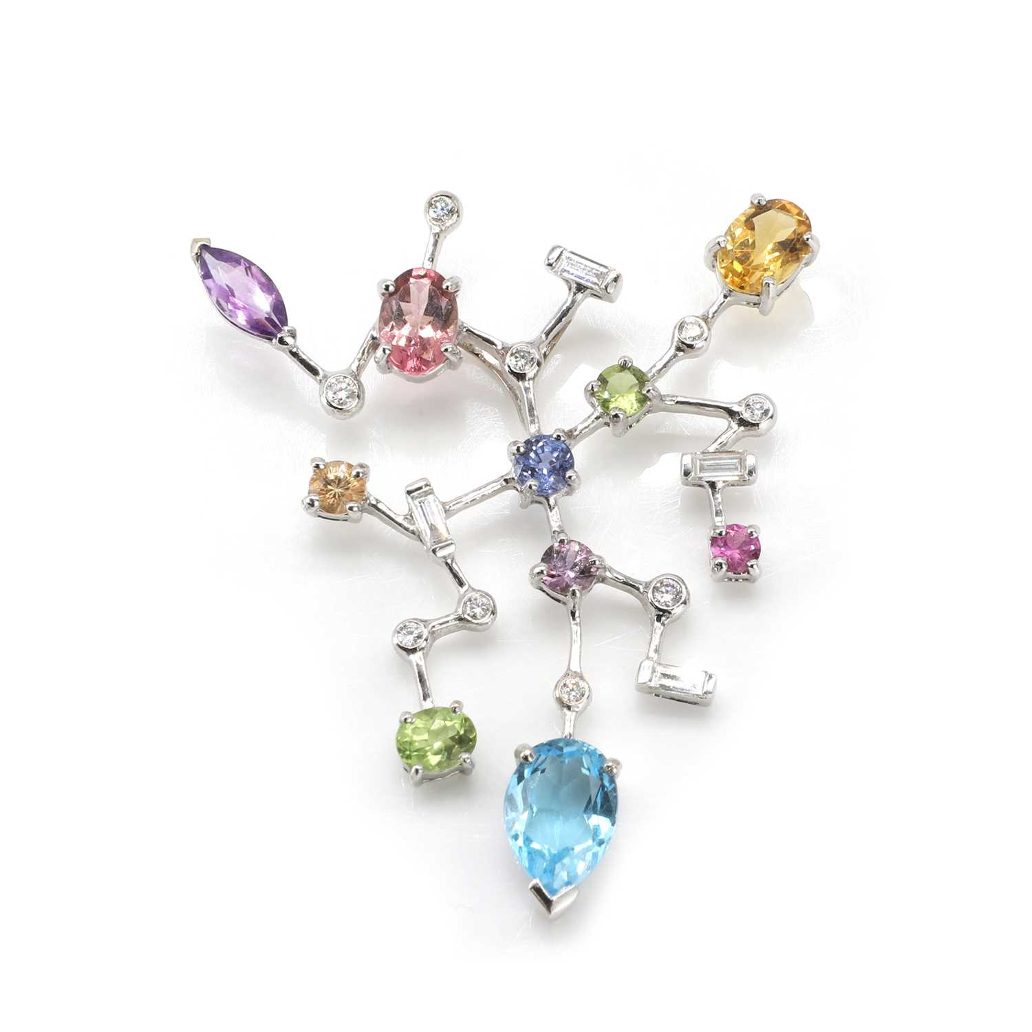 Lot 86 - An 18ct white gold diamond and multi-gem pendant