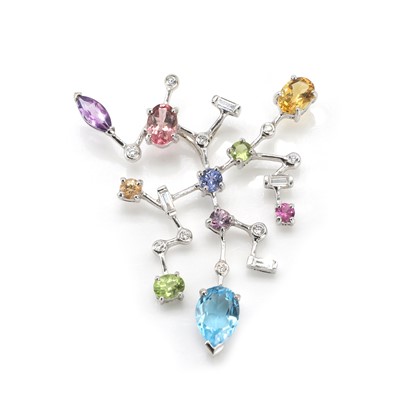 Lot 86 - An 18ct white gold diamond and multi-gem pendant