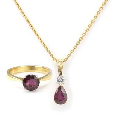 Lot 121 - A ruby and diamond pendant together with an 18ct gold ruby ring