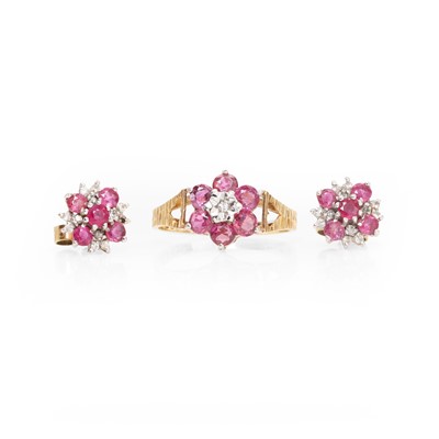 Lot 185 - A 9ct gold ruby and diamond cluster pendant and a pair of similar earrings