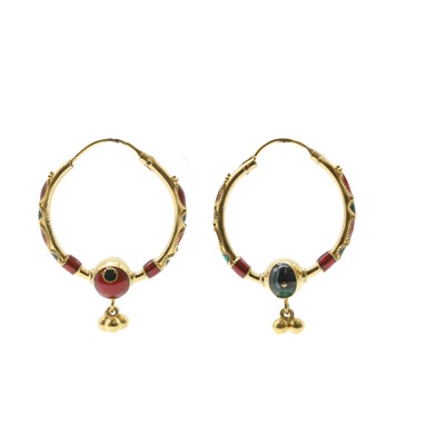 Lot 225 - A pair of Indian, high carat gold, enamel, hollow hoop earrings