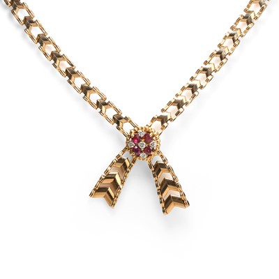 Lot 122 - A 9ct gold, ruby and diamond necklace, c.1970s