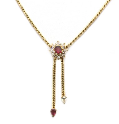 Lot 119 - An 18ct gold, ruby and diamond lariat necklace