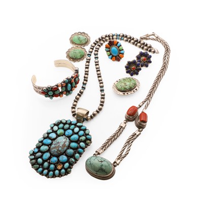 Lot 256 - A collection of silver turquoise and gemstone set Navajo jewellery