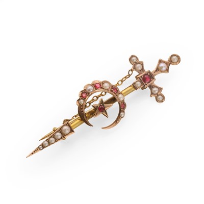 Lot 14 - A split pearl and ruby brooch