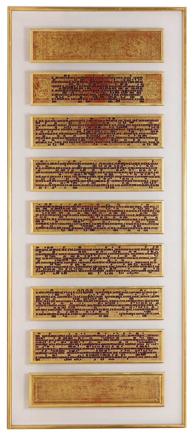 Lot 351 - Two sets of nine Burmese Pali gilt-lacquered