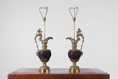Lot 218 - A pair of Renaissance-style gilt and patinated bronze ewer lamps