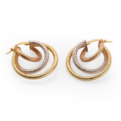 Lot 150 - A pair of tricolour gold hoop earrings