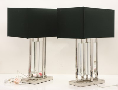 Lot 476 - A pair of contemporary chrome and glass table lamps