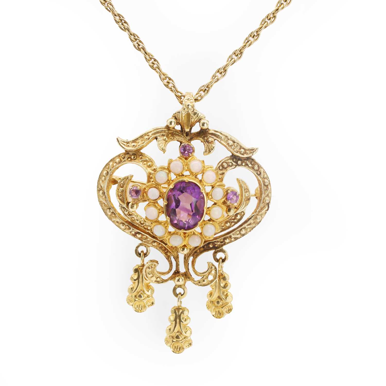 Lot 40 - A 14ct gold amethyst and opal lavaliere pendant necklace