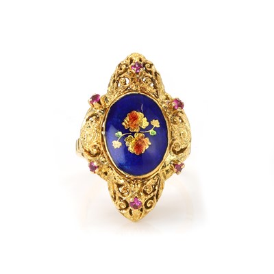 Lot 144 - An enamel panel ring
