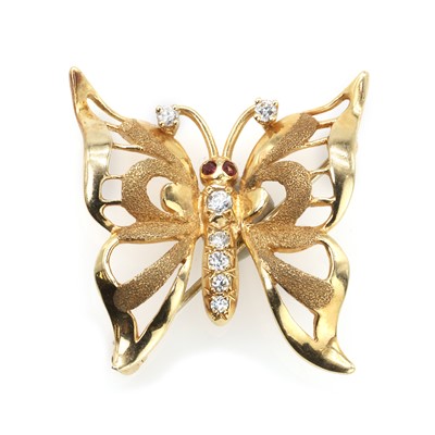 Lot 103 - An American gold, diamond set butterfly brooch