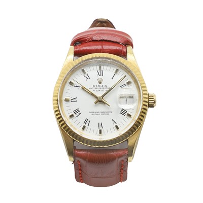 Lot 281 - A gentlemen's 18ct gold Rolex Oyster Perpetual Date automatic strap watch, c.1986
