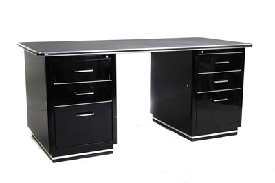 Lot 502 - A black and chrome metal pedestal desk