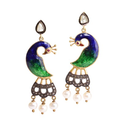 Lot 1131 - A pair of silver gilt enamel and gemstone set peacock drop earrings