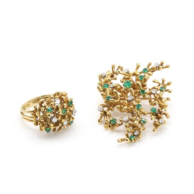 Lot 72 - An 18ct gold emerald and diamond brooch and ring set, c.1970s