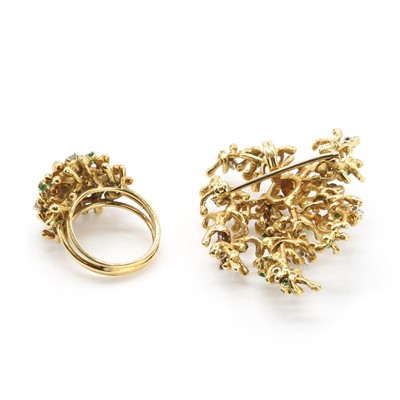 Lot 72 - An 18ct gold emerald and diamond brooch and ring set, c.1970s
