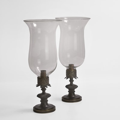 Lot 33 - A pair of Regency bronze and glass storm lamps