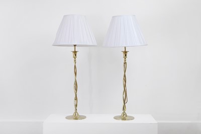 Lot 98 - A pair of barley-twist gilt-metal table lamps