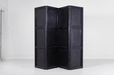 Lot 16 - A painted and gilt leather folding screen