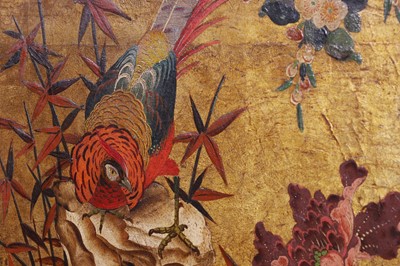 Lot 16 - A painted and gilt leather folding screen